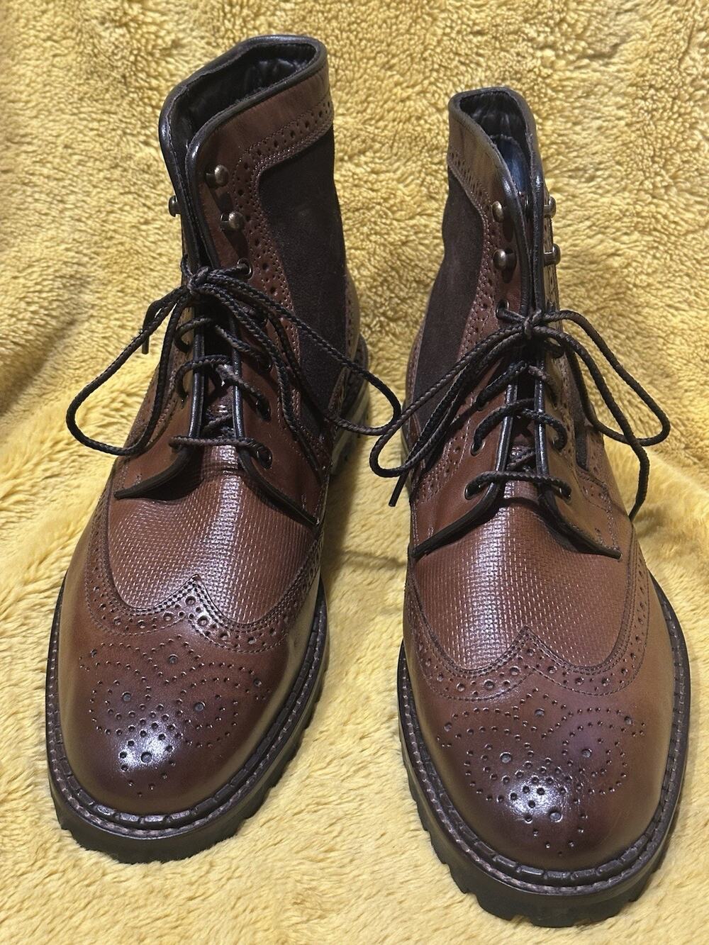 Johnston Murphy Mens Sz 8.5 Boots Brown Leather Wingtip Shearling Wool Sheepskin